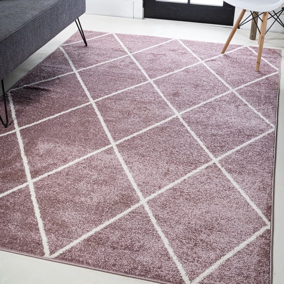 JONATHAN Y SUPERSOFT 3 x 5 Area Rug, Cole Minimalist Diamond Trellis - Rose/White, SEU102B-3