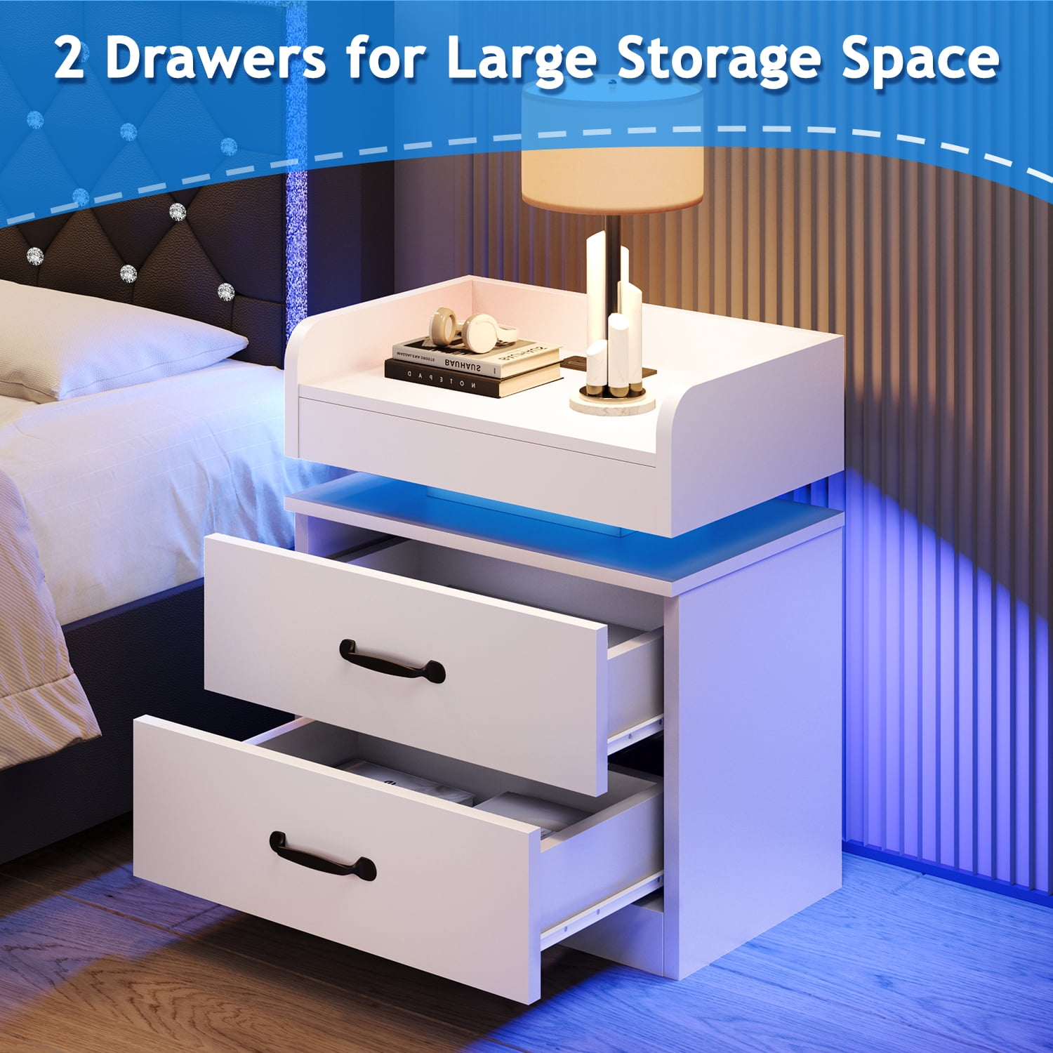4 EVER WINNER Nightstand Set of 2 with Charging Station, LED Night Stand with 2 Drawers, Modern Beside End Table Side Table for Bedroom Living, White