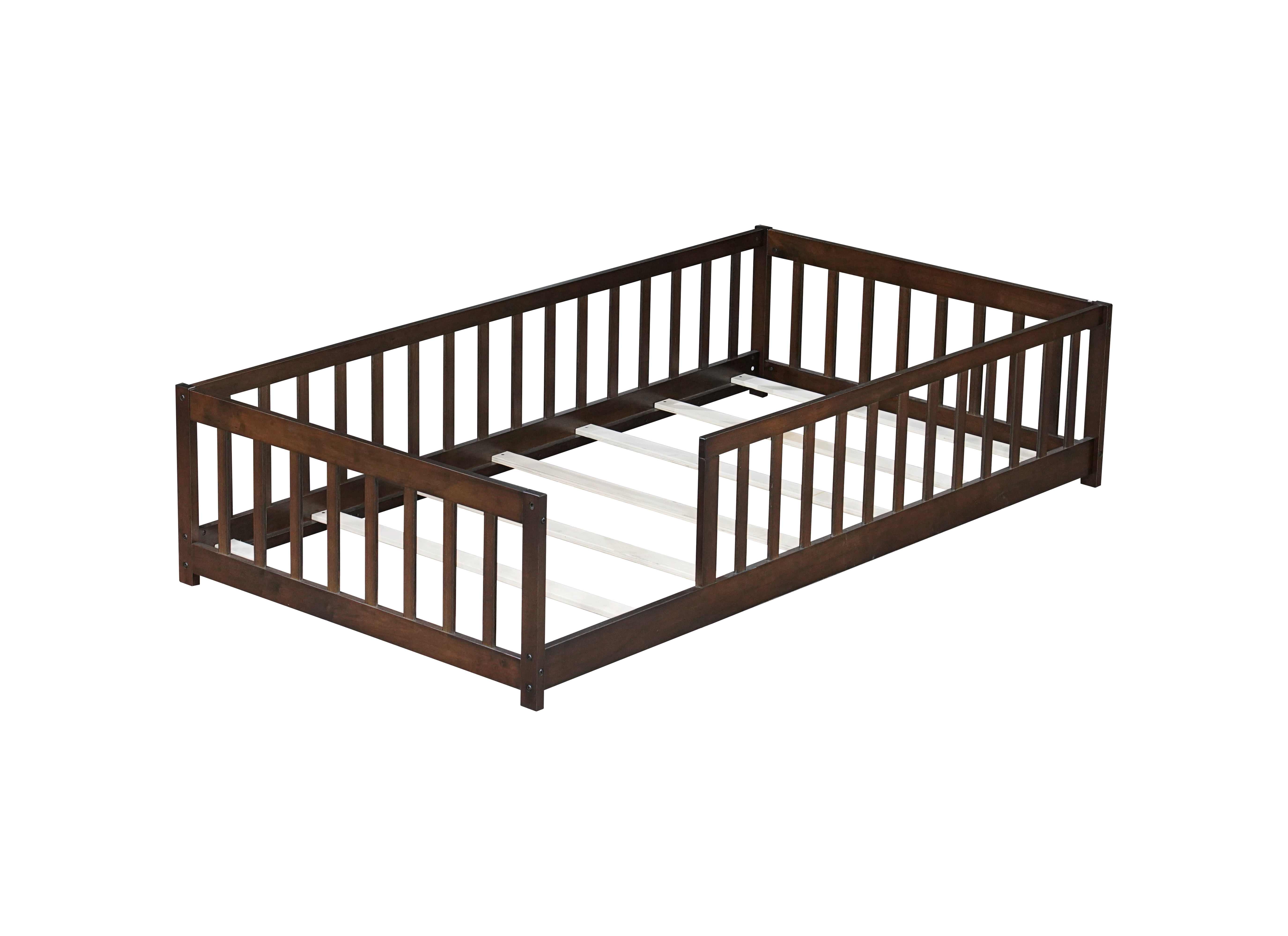 Twin Size Rubber Wood Floor Bed with Full Safety Fence No Door, Espresso Montessori Floor Bed with Guardrails, Platform Bed with 7 Support Slats, for Toddler Kids Bedroom