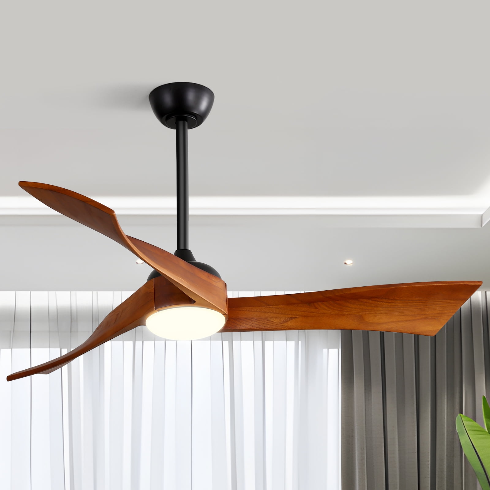 Sofucor 52 Inch Ceiling Fan with Light and Remote, Modern 3 Solid Wood Blades Ceiling Fan, 6 Speeds 5500CFM, Dimmable 3-Color LED with Memory, Timer & Quiet & Reversible DC Motor, ETL, Walnut Wood