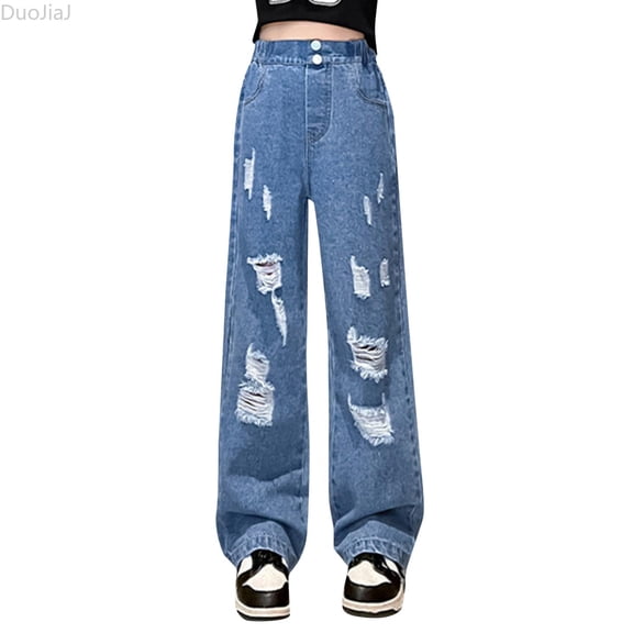 DuoJiaJ Girls' Fashionable Distressed Denim Jeans & Wide Leg Pants For Spring & Autumn Girls Jeans With Stretch Size 120.00,Blue