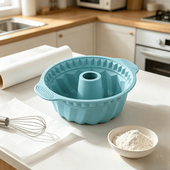 PLERISE 9.5 Inch Silicone Fluted Pan with Sturdy Handle, Non-Stick Baking Mold for Cake, Jello, Gelatin, Bread, Blue