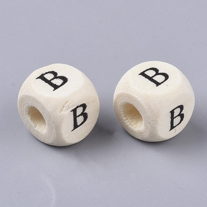 Printed Natural Wood Beads Horizontal Hole Cube with Initial Letter PapayaWhip Letter B 10x10x10mm Hole: 3.5mm about 950~1000pcs/500g