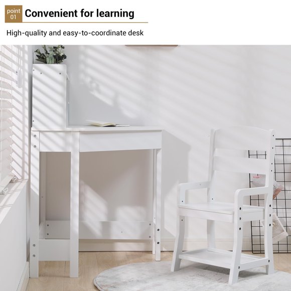 GloryStar Kids Study Desk and Chair Set, White Corner Table with Adjustable Chair, Hutch, Cork Bulletic Board, Pen Holders, Small Art Table Homework Table Set for Children for Home School