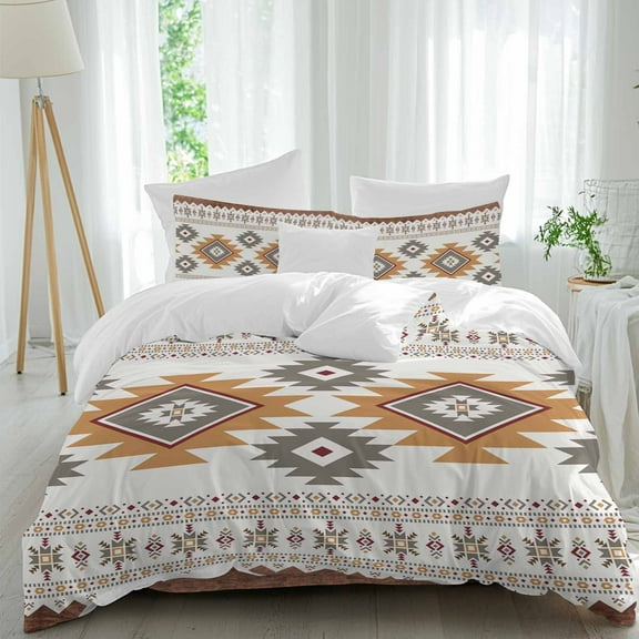 Vintage Southwest Duvet Cover Set Queen Size Orange Boho Geometric Tribal Style Soft Lightweight Comforter Covers 4 Piece Bedding Set with 1 Duvet Cover 1 Bed Sheet & 2 Pillow Shams