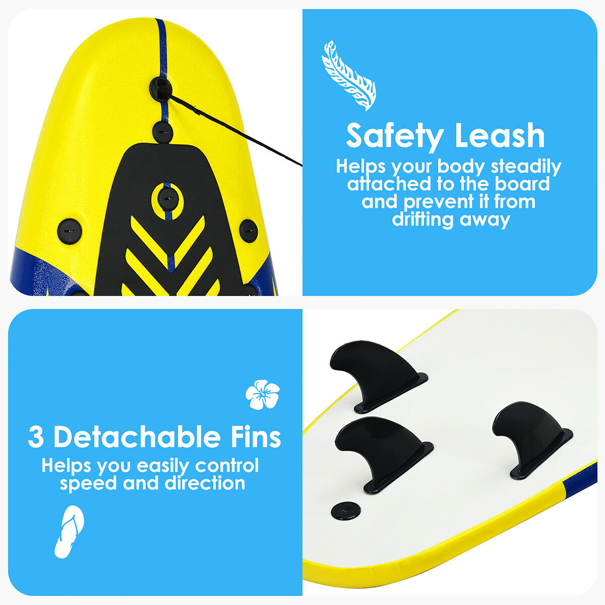 Costway 6' Surfboard Foamie Body Surfing Board W/3  Fins & Leash for Kids Adults Yellow - image 4 of 10