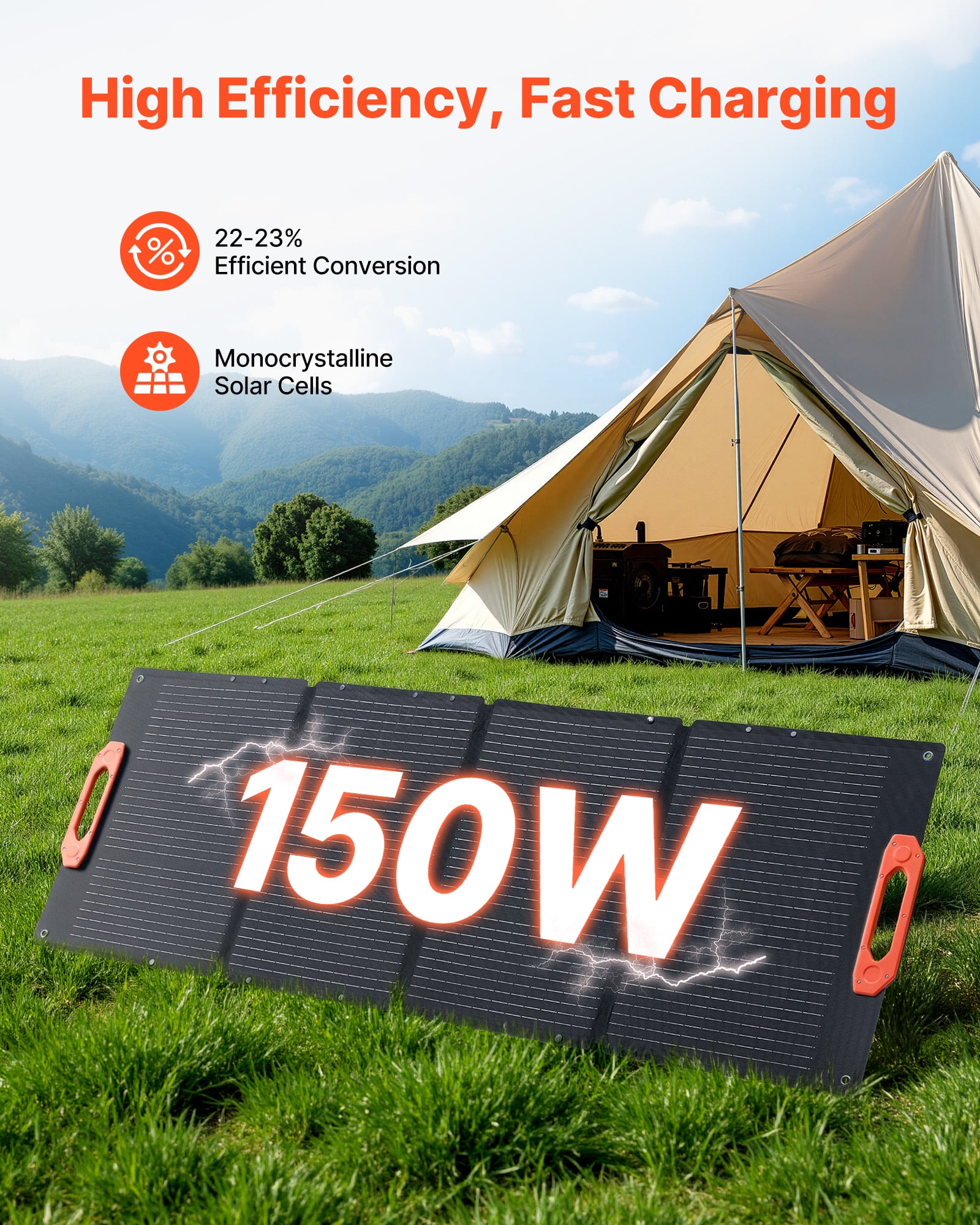 VEVOR 150W Foldable Monocrystalline Solar Panel, 23% Efficiency Portable ETFE Mono Solar Panel Charger with MC4 Output, Type-C, QC3.0 USB & DC Ports, IP67 Waterproof for Power Stations Camping Hiking