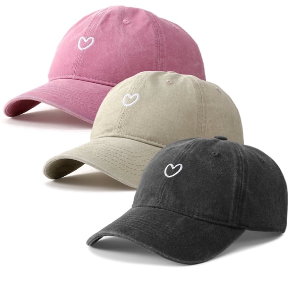 Bocaoying 3 Pcs Washed Cotton Baseball Caps for Men Women with Small Heart Embroidery , Breathable Retro Adjustable Dad Hats with Crown, Curved Brim Ball Caps for Daily Wear, Beige/Black/Pink