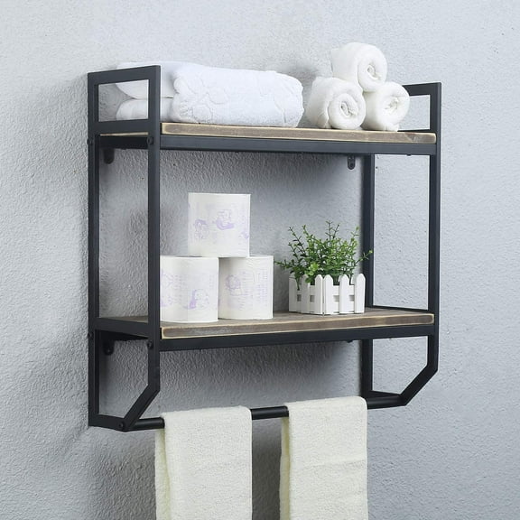 Towel Rack with Towel Bar,2-Tier 24" Bathroom Shelves Wall Mounted,Rustic Wall Shelf Over Toilet,Utility Storage Shelf Rack,Floating Shelves Towel Holder,Black