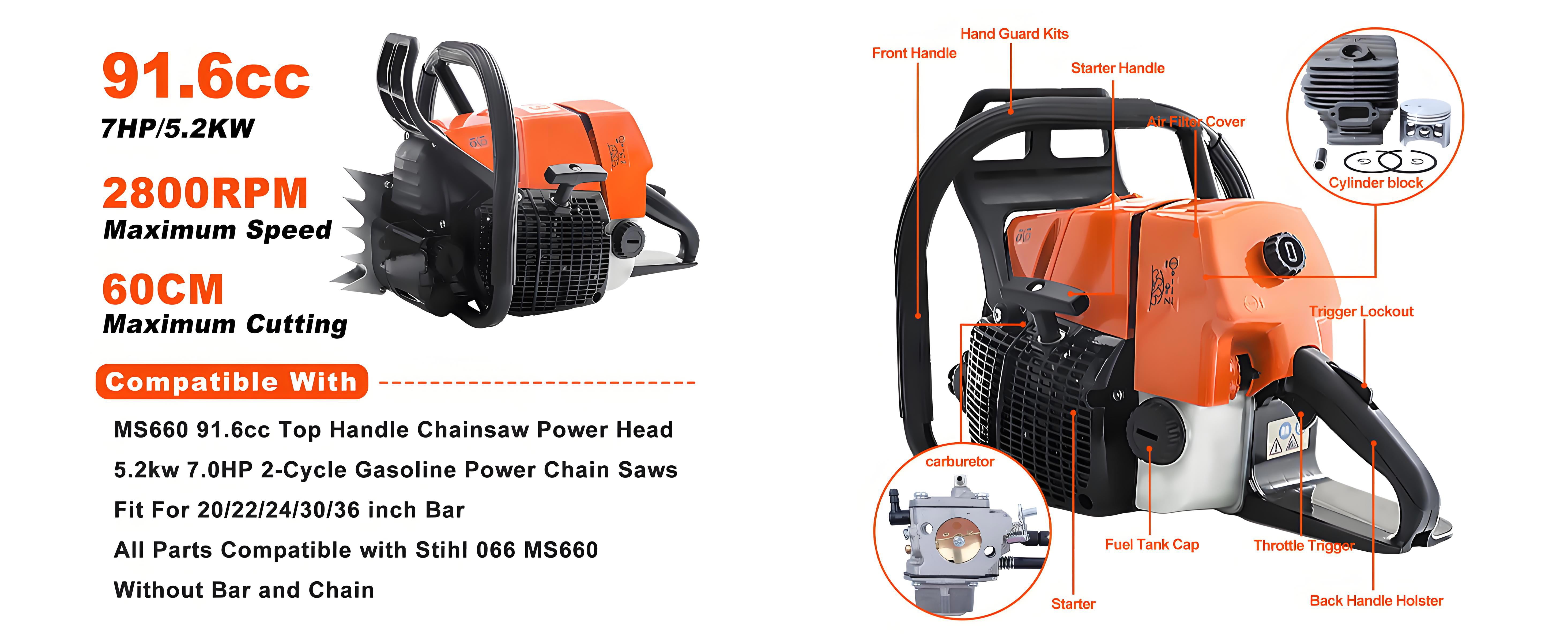 MS660 91.6cc Top Handle Chainsaw Power Head Gasoline Fit 20/22/24/36in Bar Chain