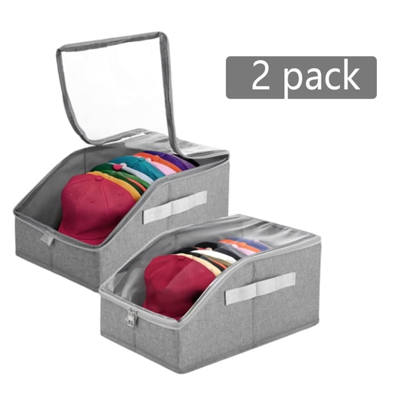 Stackable Hat Storage Box 2 Pack, Large Baseball Cap Organizer with Clear Lid, Dust-Proof Collapsible Hat Case for Closet and Shelf