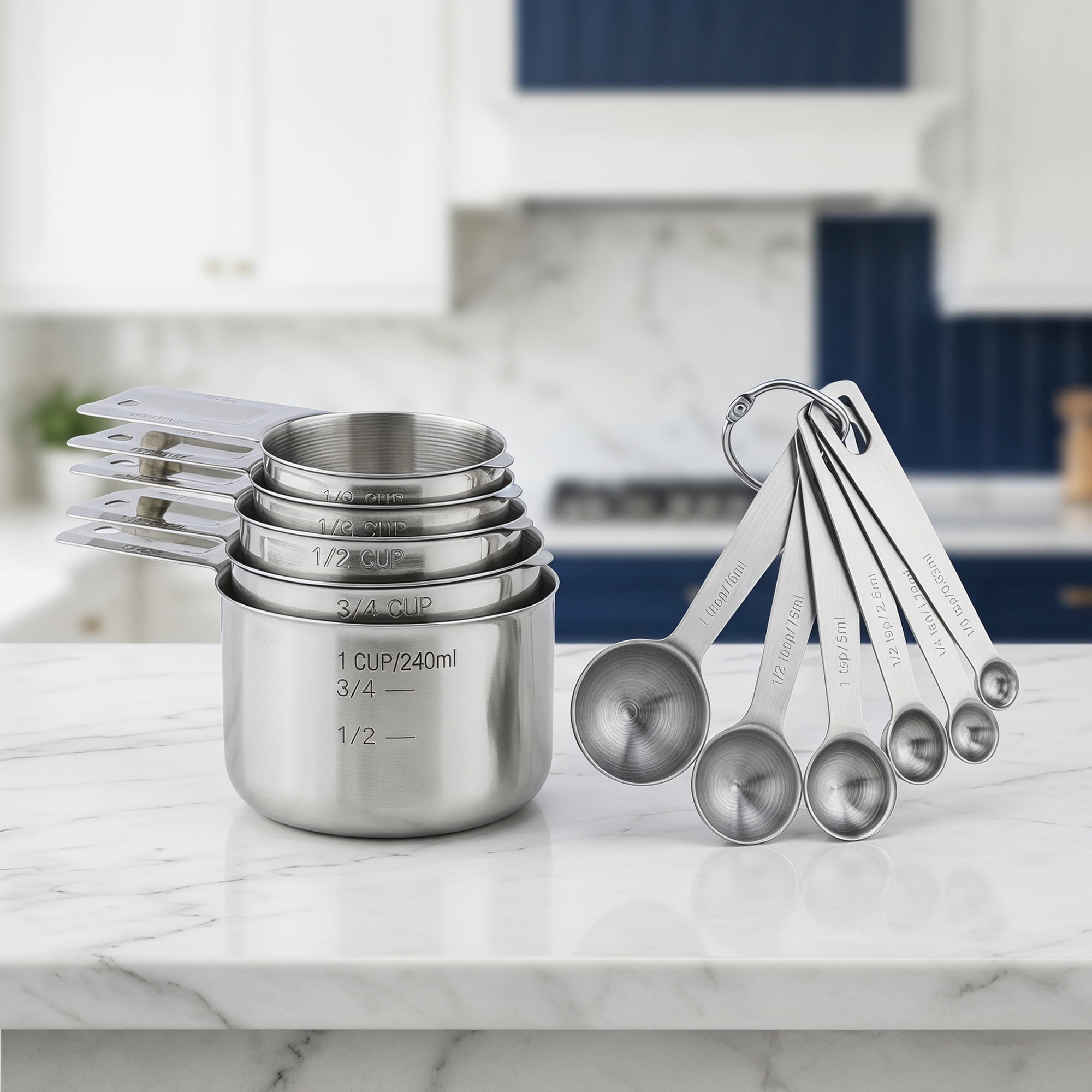 Unique Bargains Durable Stainless Steel Measuring Cups and Spoons Set Silver 11Pcs
