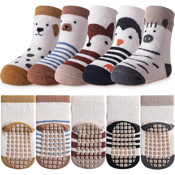 5 Pairs Toddler Non Slip Socks with Grips Baby Socks for Kids Girls Boys