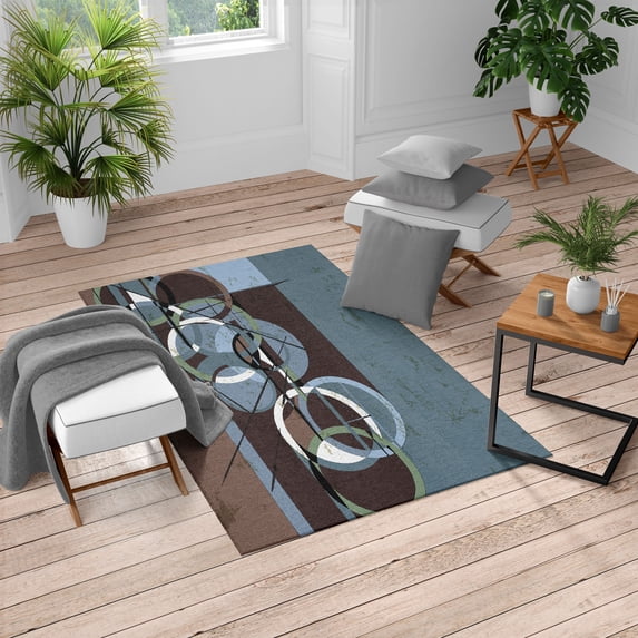Modern Art Turkish Area Rug, Retro Surreal Abstract Circular and Square Shaped Art Lines on Murky Base, Soft Carpet for Living Room Decor with Distressed Look, 4' X 5.7', Slate Blue, by Ambesonne