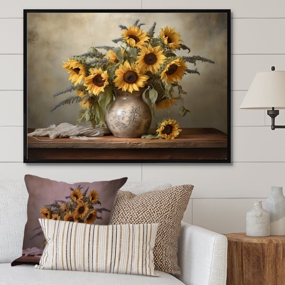 Designart "Timeless Sunflower Bouquet Art I" Sunflowers Floater Framed Wall Art Living Room