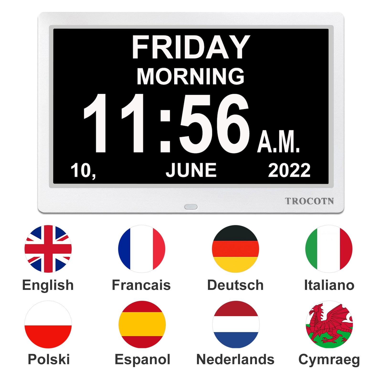 TROCOTN 10 Inchs Digital Clock Calendar Clock Large Display Alarm Clock Wall Clock (White)