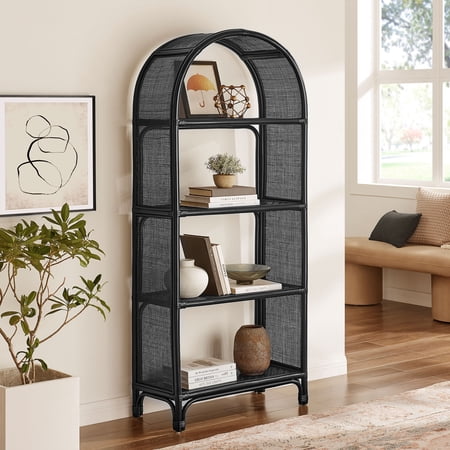 Modway Celeste 67 Inch Tall Arched Natural Rattan Bookshelf in Black