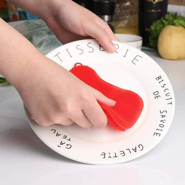Cepillo de silicona para lavar platos, olla, sartén, cocina, limpiador, esponja, fregador (rojo)