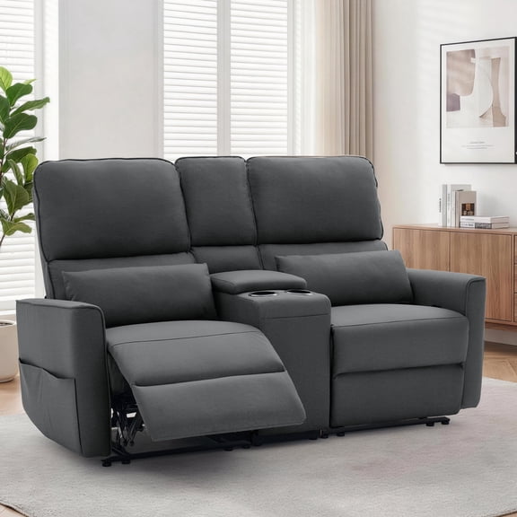Korser 2-Seater Recliner Sofa with Pillow,Double Recliner Loveseat with Storage Console, Side Pockets, Cup Holders Manual Recliner Sofa for Living Room,Dark Grey