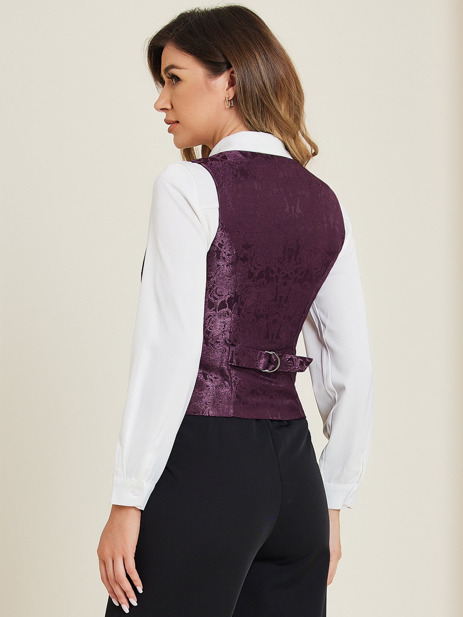 DARING DIVA Women's Button Up Steampunk Jacquard Sleeveless Suit Vest L Dark Purple