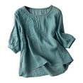 thumbnail image 2 of Blue T Shirts for Women 3/4 Sleeve Linen Shirts for Women 2026 Cotton Summer Retro Embroidered Boho Tops Casual Trendy Vacation Blouse Fashion Clothing, 2 of 4