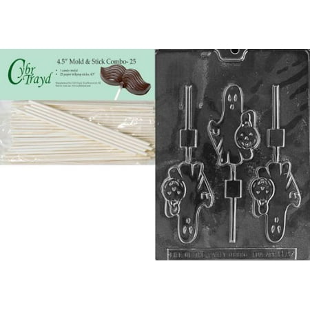 - Cybrtrayd 45St25-H087 Ghost Holding Pumpkin Lolly Halloween Chocolate Candy Mold with 25 Cybrtrayd 4.5-Inch Lollipop Sticks