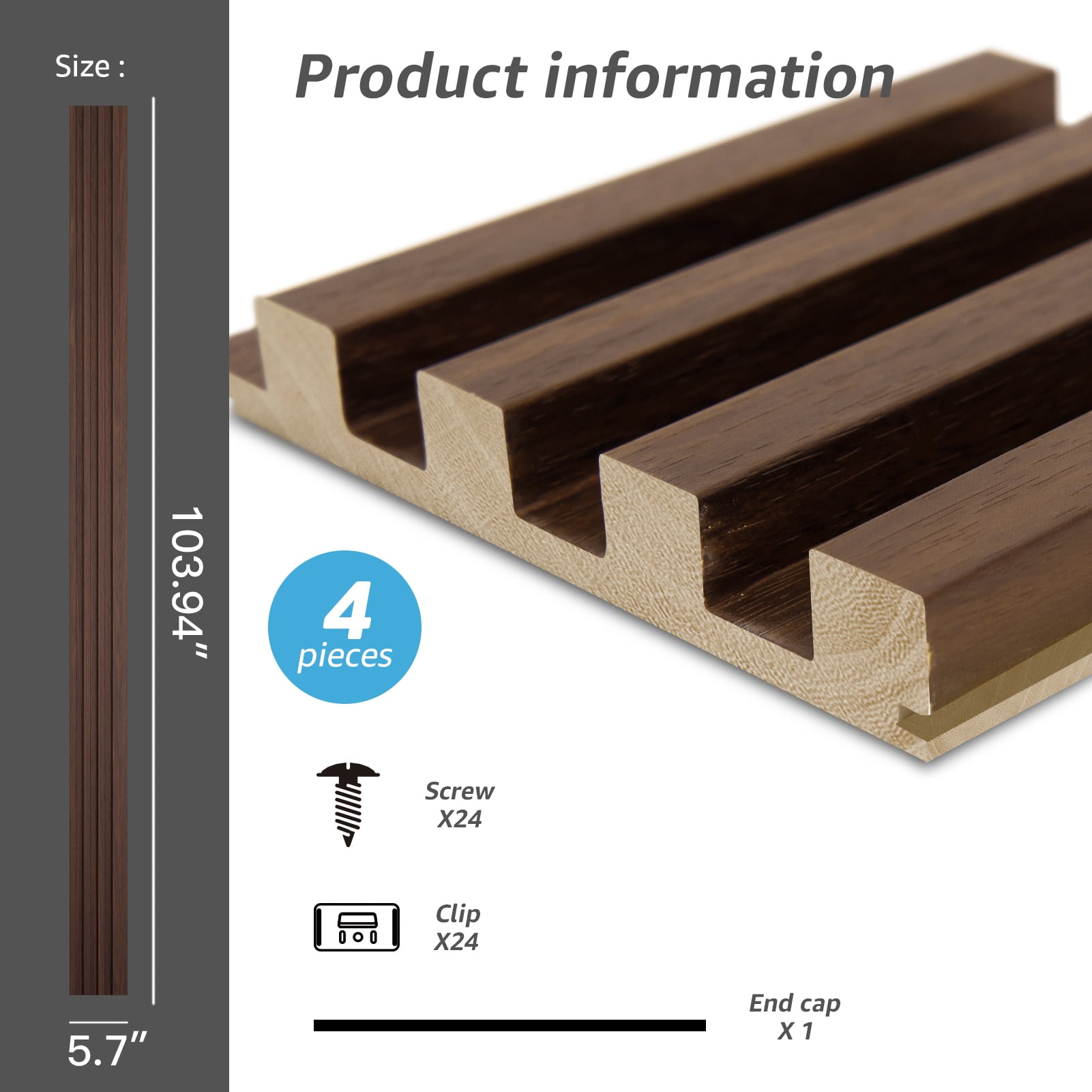 Art3d 4-Piece 104'' x 5.7''x 0.67'' Solid Wood Slat Wall Panels for Interior and Ceiling Decor,16.5 Sq.ft/Case,Walnut