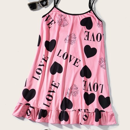 

Plus Size Valentine Day Heart Print Ruffle Hem Cami Nightdress Women‘s Plus Slight Stretch Sleepwear Loungewear
