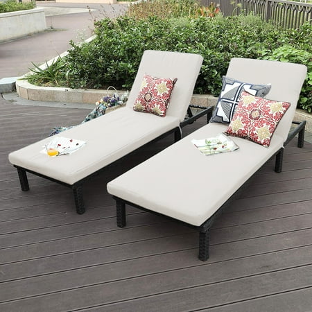 Ikea Pool Furniture Oakville Furniture Outdoor Patio Rattan Wicker Adjustable Pool Chaise Lounge Chair Set of 2, Brown Wicker, Beige Cushion ()