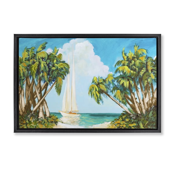 Stupell Industries Tropical Sailboat Among Palms Black Floating Frame Canvas Art, 25 x 17, by Dan Meneely