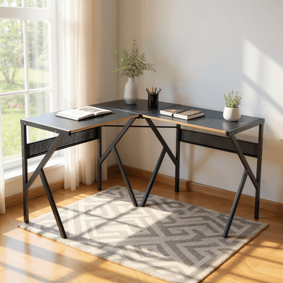 Homy Casa L Shaped Computer Desk, Convertible Corner Desk, Home Office Gaming Writing Table, Black