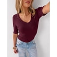 thumbnail image 3 of ANRABESS Womens Half Sleeve Tops V Neck Ribbed Knit Slim Fit Basic T Shirts 2026 Summer Casual Tees Spring Trendy Clothes Deep Red Small, 3 of 11