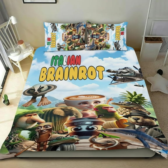 3 Piece Bedding Set For Italian Brainrot Tung Tung Sahur Comforter Cover Set Cute Duvet Cover Sets Super Soft Teens Bedding Set Kids Bedroom Gifts,1 Duvet Cover with 2 Pillowcases Twin