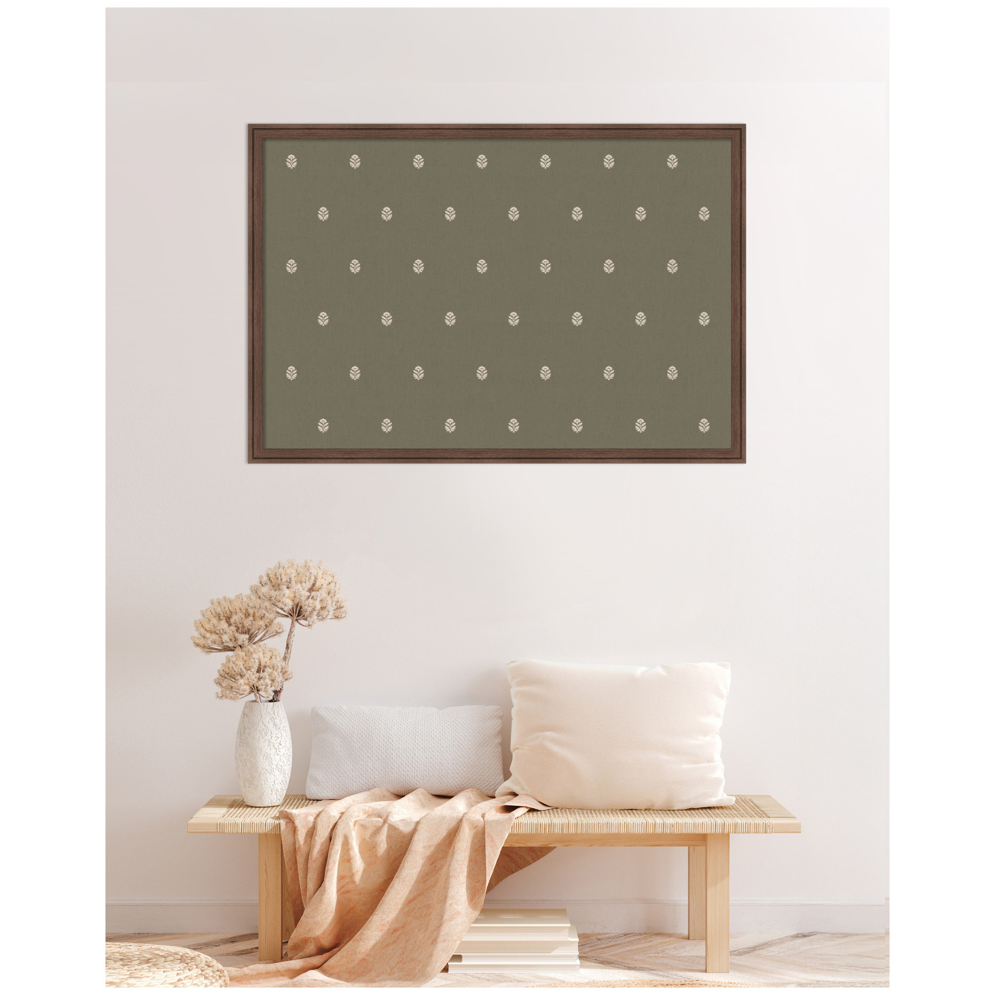 Kate and Laurel Framed Fabric Pinboard 38 x 26, Green Botanical Block Print Printed Linen Classic Bulletin Board for Use as a Vision Board or Wall Organization, Florence Medium Brown Frame