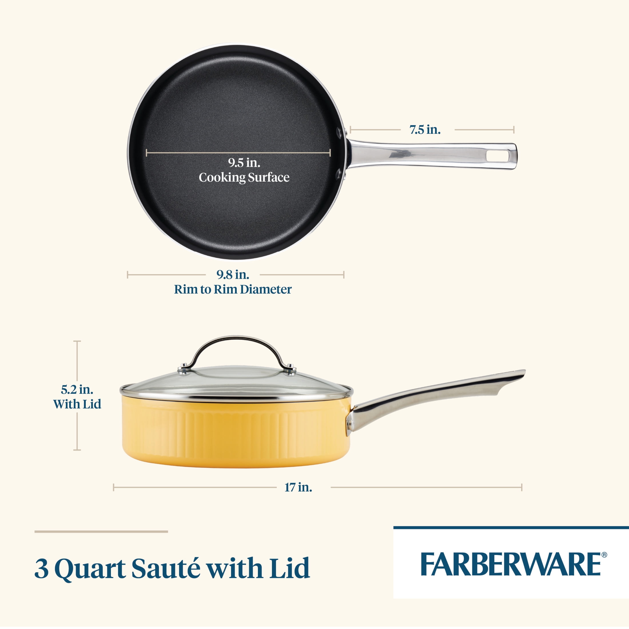 Farberware Style 3 qt Nonstick Saute Pan with Tempered Glass Lid, Dishwasher Safe, Oven Safe to 500°F, Yellow