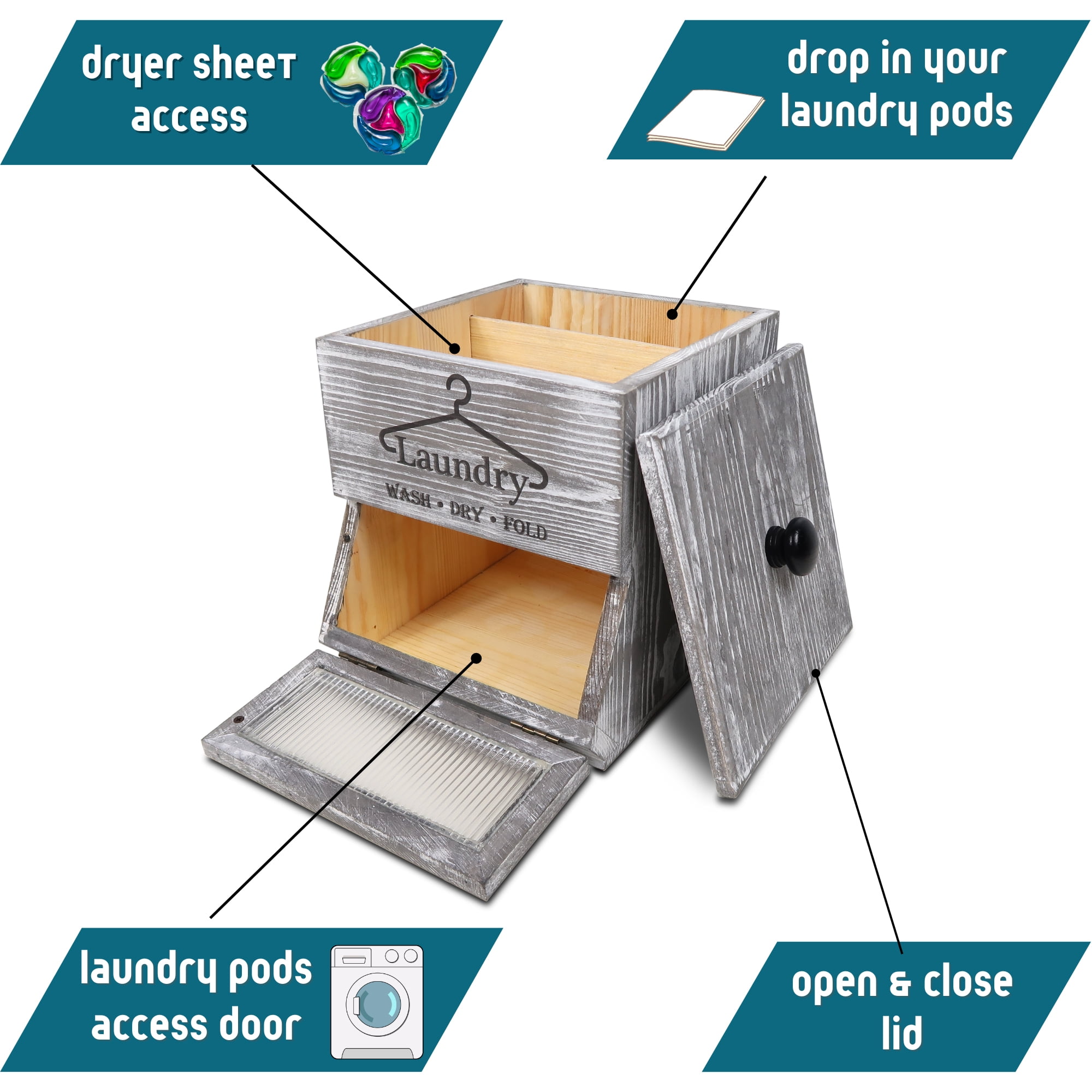 Bekitchen Farmhouse Laundry Pod Holder & Dryer Sheet Container, Laundry Room Organization and Storage, Rustic Grey