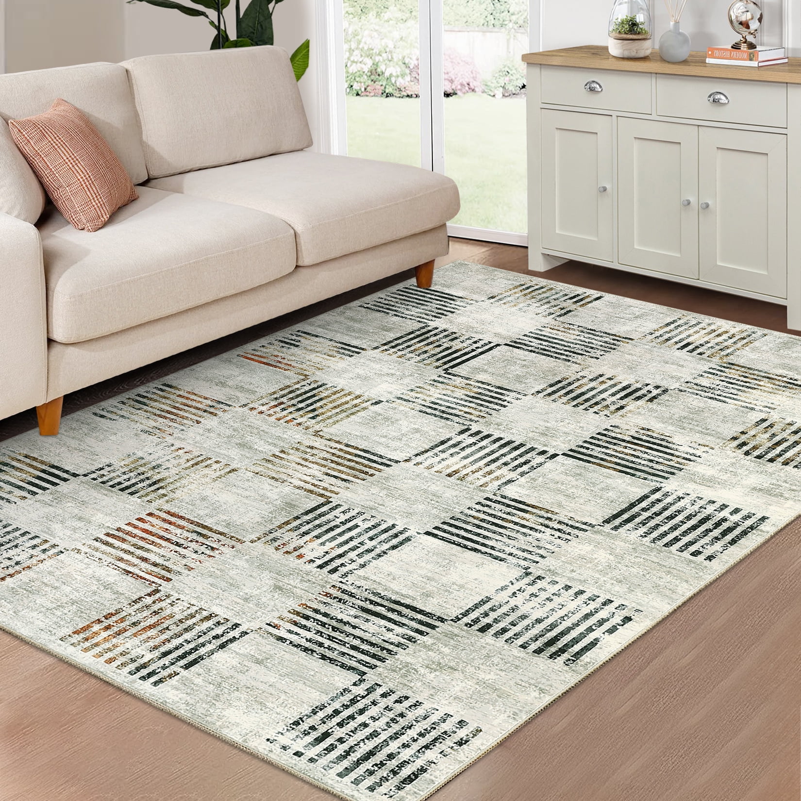 Garvee 9x12 Area Rug Modern Plaid Checkered Rug, Washable Rugs Soft Neutral Indoor Carpet Solid Rug Non Slip Low Pile Rug for Living Room Bedroom Dining Room Office, Beige