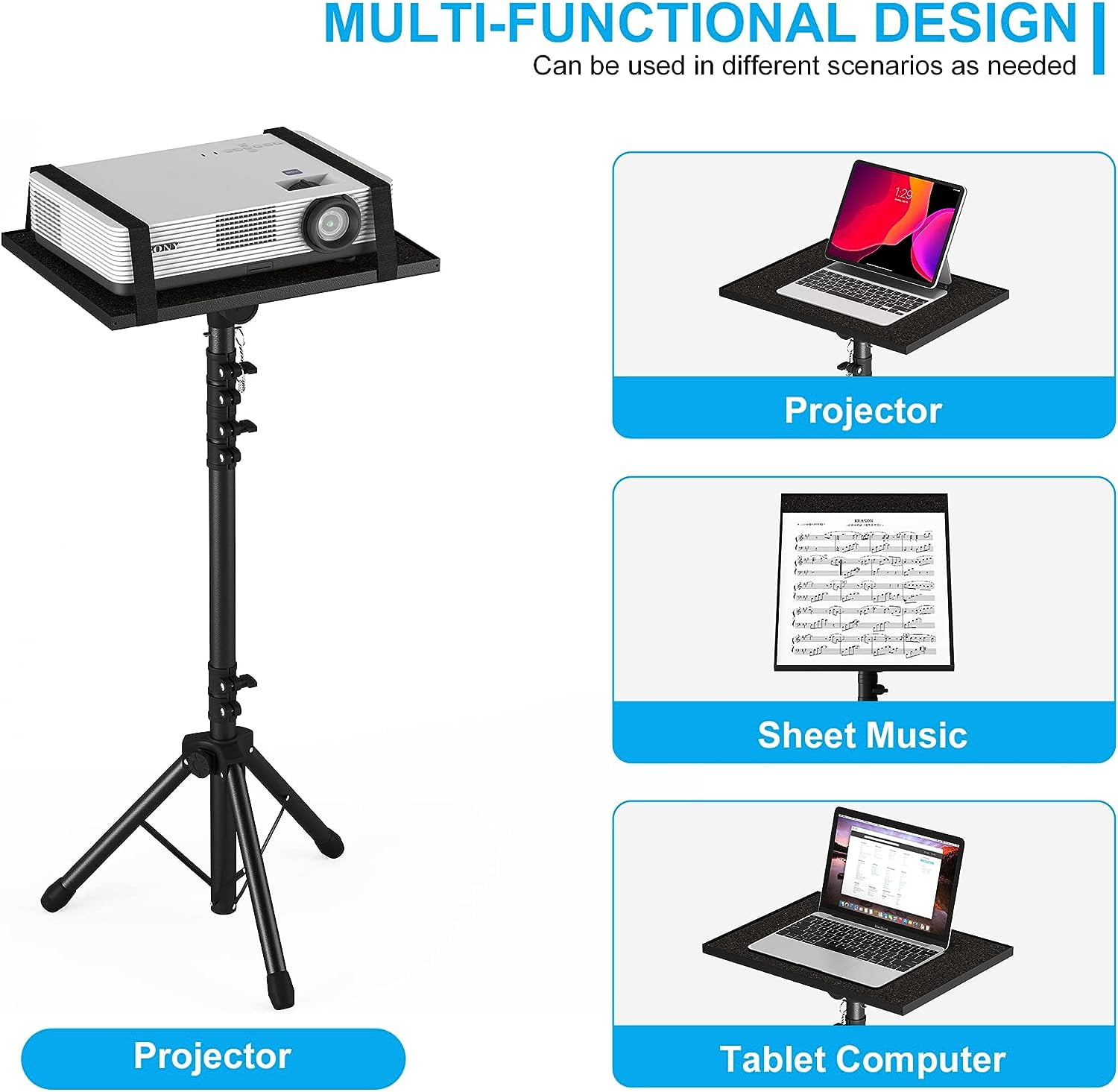 Projector Stand Tripod, Laptop Tripod Stand Adjustable Height from 23.5 to 63.5 inches with Gooseneck Phone Holder, Laptop Floor Stand for Office, Home, Stage, Studio