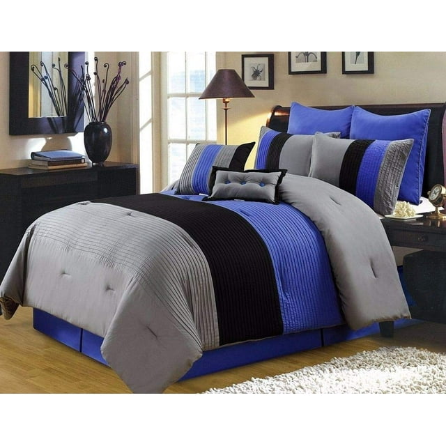 Chezmoi Collection 8 Pieces Luxury Striped Comforter Set (Queen, Gray/Black/Blue)