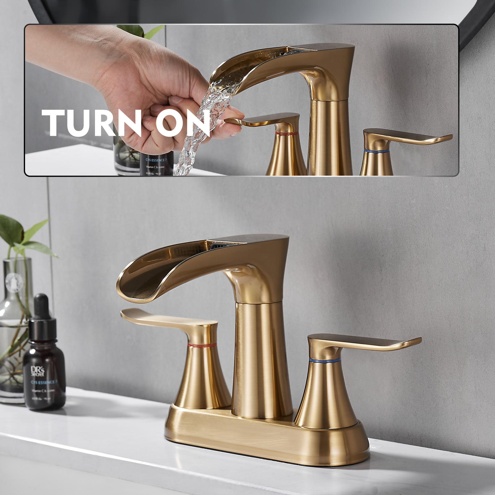 Brushed Gold Bathroom Faucet,Yundoom 4 Inch Centerset Bathroom Faucet,Waterfall Bathroom Faucet,2 Handle Bathroom Faucet for Sink 3 Hole,360 Degree Swivel Spout Bathroom Sink Faucet with Pop Up Drain