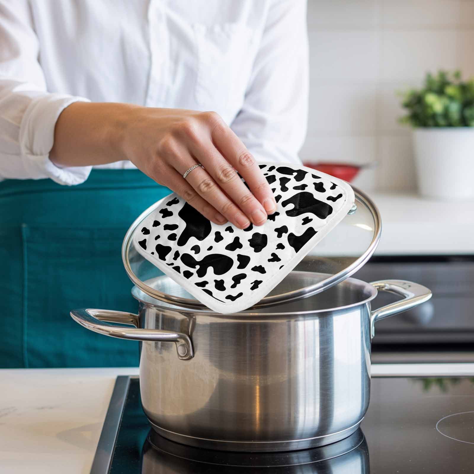 Cow Print Pot Holders for Kitchen Heatproof Potholder, 3 Pack Modern Black White Farm Animal Patterned Hot Pads Multipurpose Oven Pads Cloth Potholders Trivet for Cooking Baking