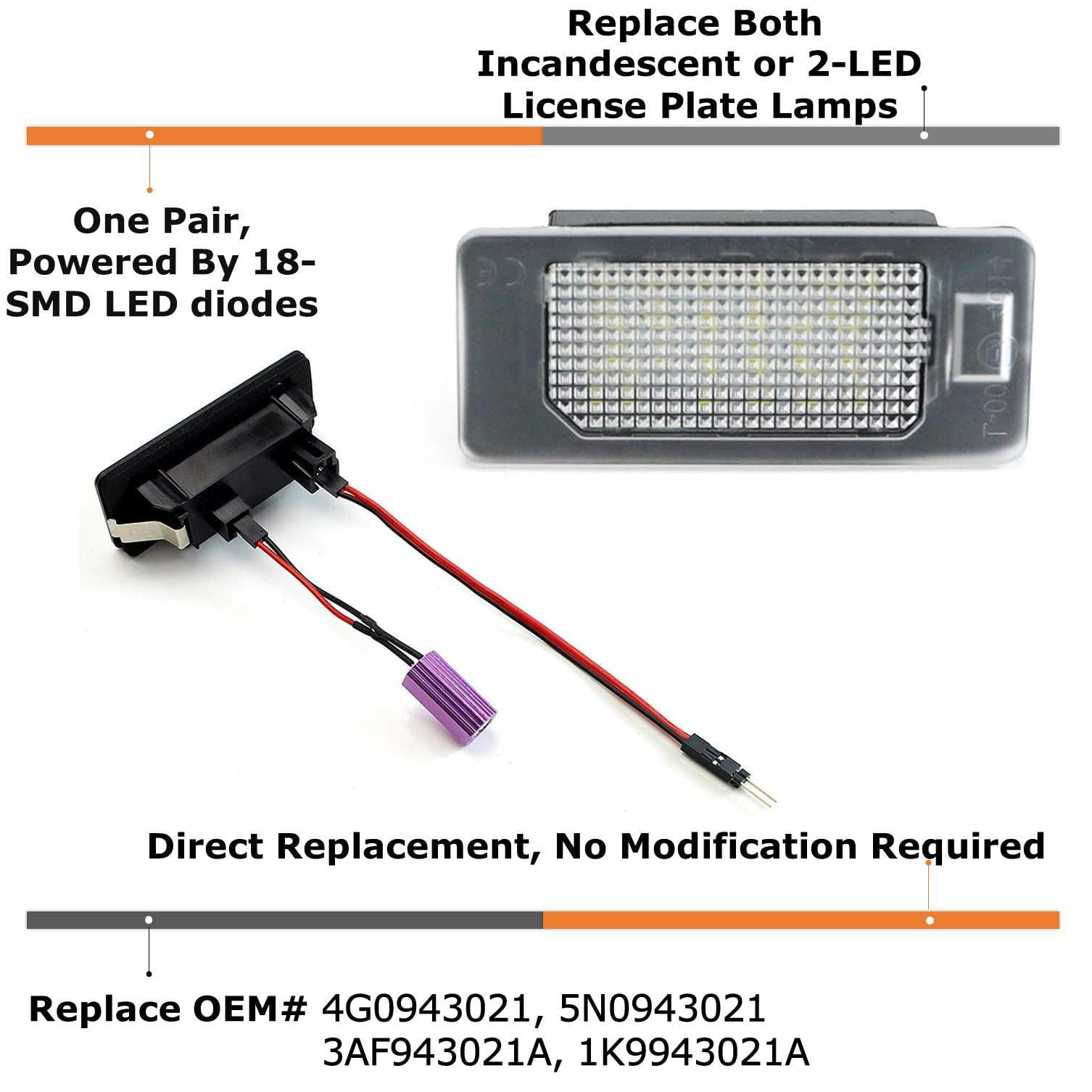 Xenon White 3W Full LED License Plate Light Kit For Volkswagen: Jetta Passat Touareg, For Audi: A1 A6 A7 Q5 TT w/ Canbus Error Free Decoders