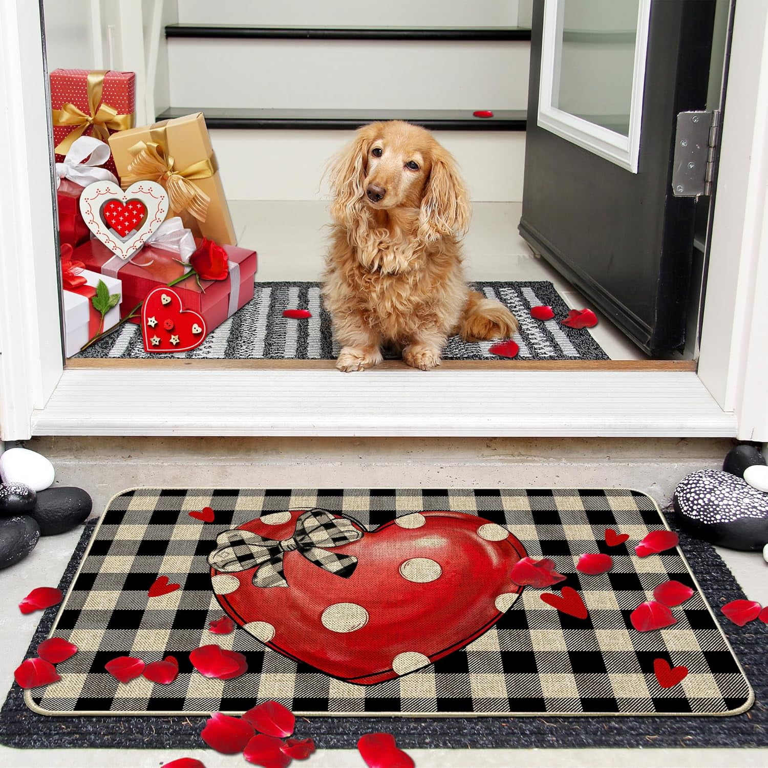 Valentines Door Mats Outdoor 17x29 Inch, Valentines Decor Welcome Mats for Front Door, Farmhouse Buffalo Plaid Doormats for Indoor or Outdoor Decorations, Valentines Day Decor