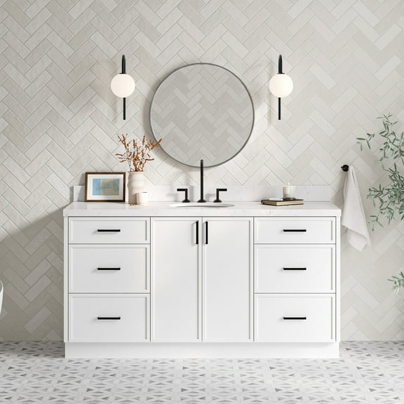 Ariel Kelly 66 Inch Single Oval Sink Bathroom Vanity With Carrara White Quartz Countertop 1.5 Inch Edge In White