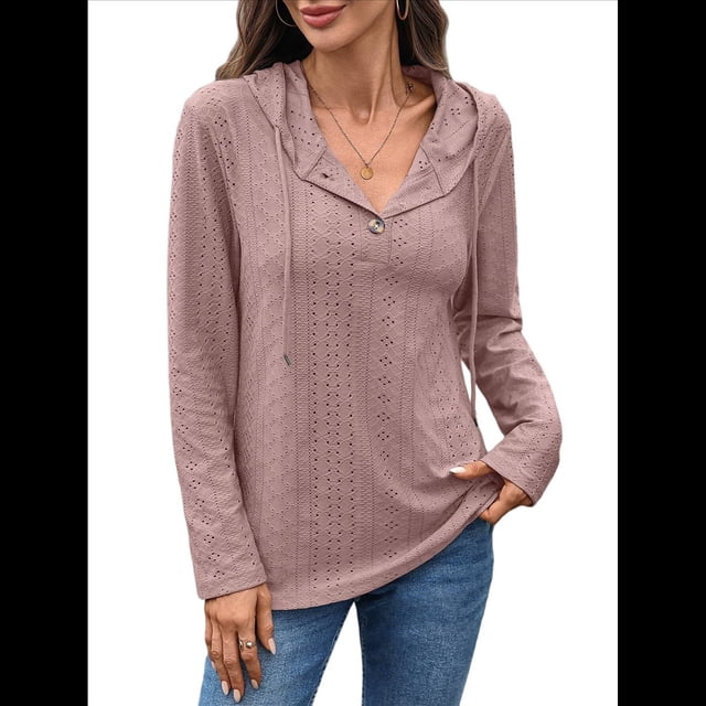 Sudadera con Capucha para Mujer, de y Otoño, con Cuello en V, Larga y Botones con Cordón. Rosa M