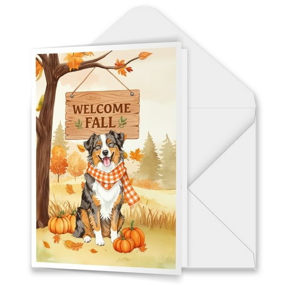 Welcome Fall Australian Shepherd Cozy Autumn Field Pumpkins Golden Leaves 5x7in Folded Greeting Card Aussie Dog Lover Gifts Single Note Card with Envelope - 12013
