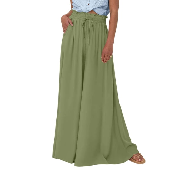 WTOBBY Women's Solid Color High Waist Wide Leg Palazzo Pants Casual Flowy with Pocket,Beach Trousers Designed for Simple Elegance, Clean Aesthetics and Sophisticated Casual Wear,Army Green L