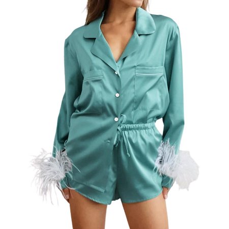 

Women s Pajamas Sets Long Sleeve|Satin Sleepwear Set with Shorts|Feather Trim Nightwear Loungewear PJs Home Wear Clothes(S-XL)
