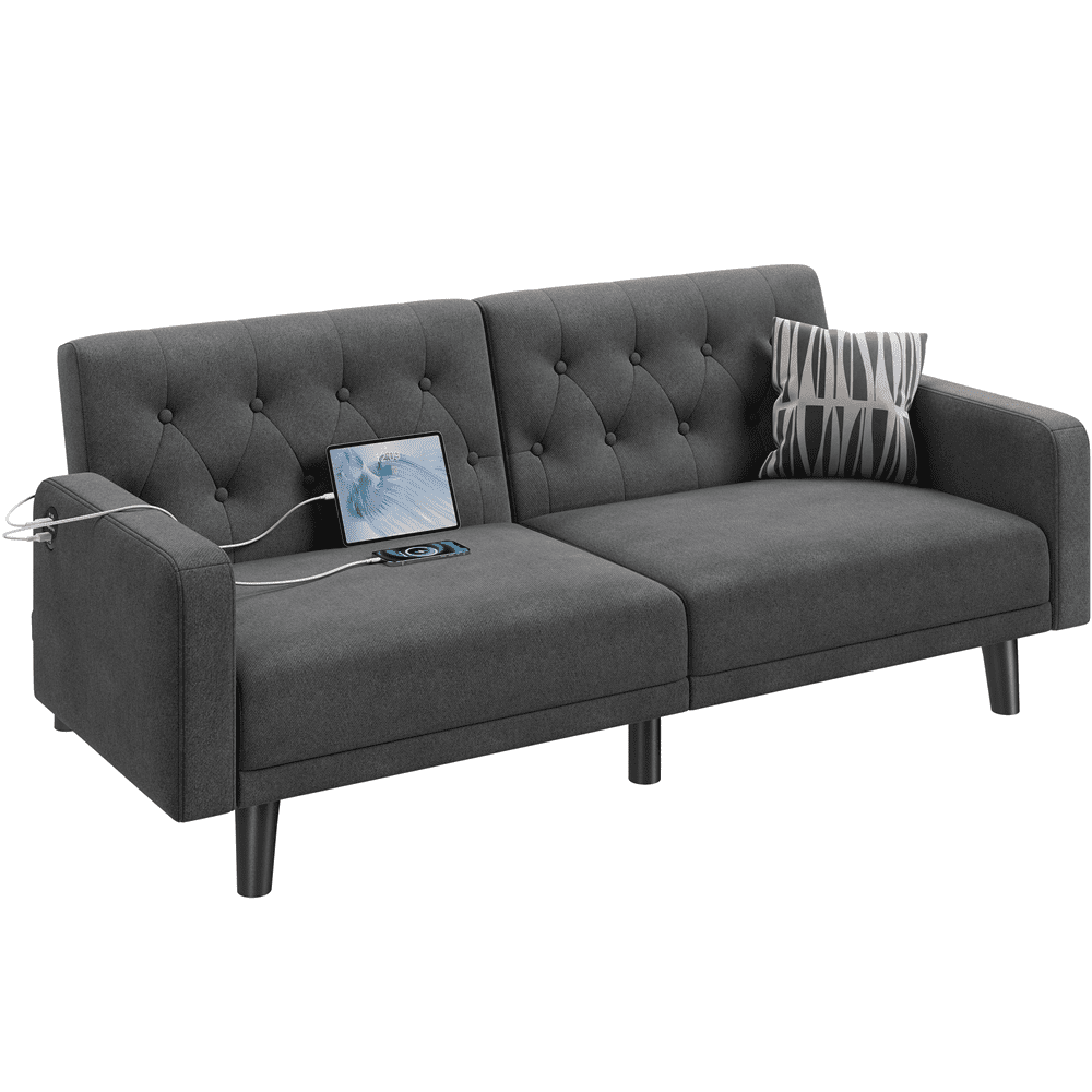 Renwick 63in Convertible Futon Sofa Bed with USB Ports for Living Room, Dark Gray