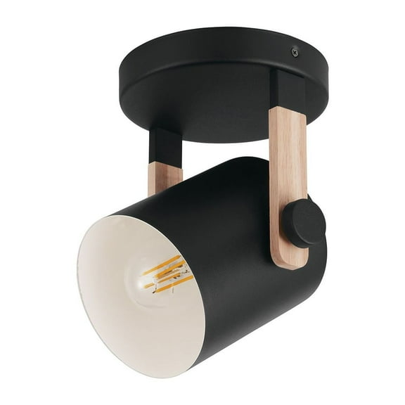 43046A Eglo Lighting Hornwood - 1-Light Semi Flush - Black. Natural Finish - Black Exterior-White Interior Metal Shade